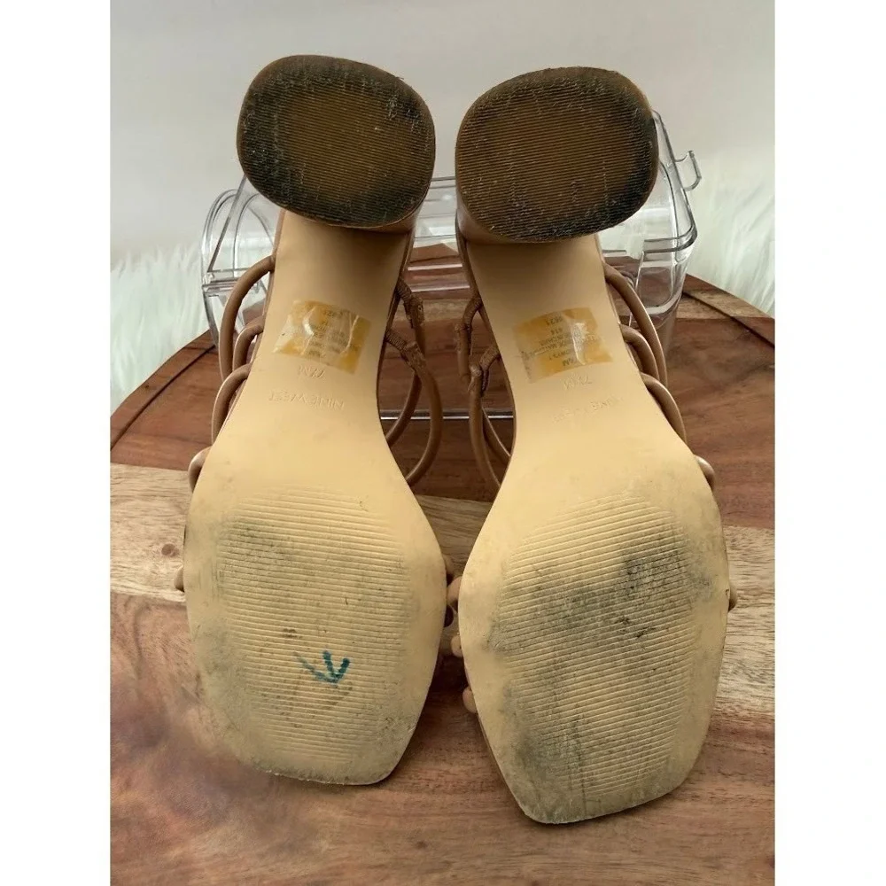 Nine West Tan Strappy Block Heel Square Toe Sandals Mules Womens 7.5M